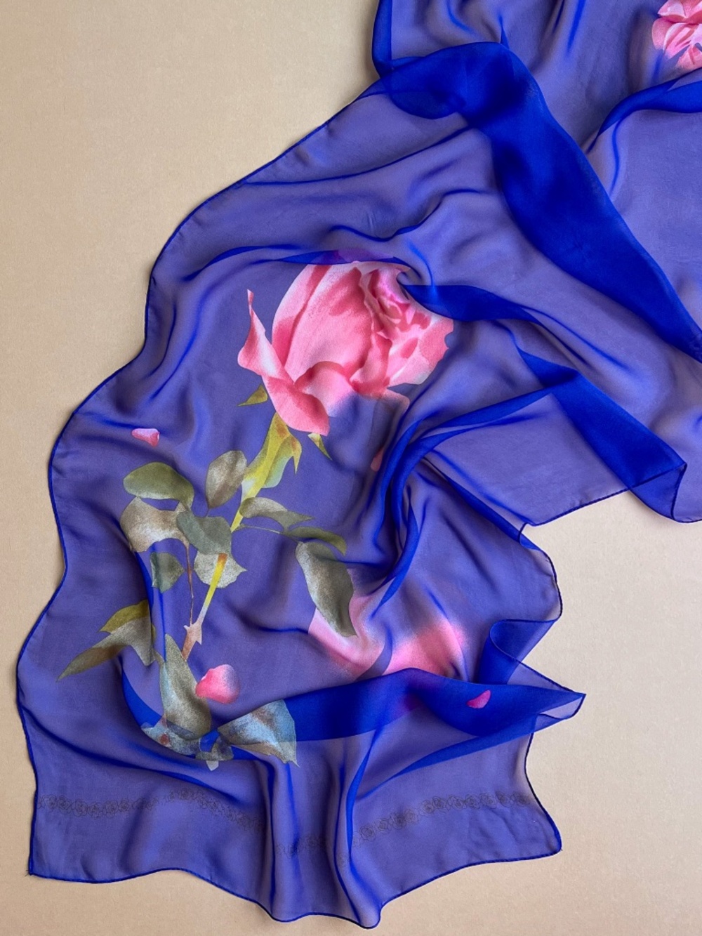 Vintage 1990s Royal Blue Long Scarf With Pink Rose